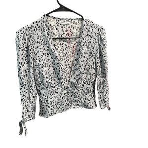 Reformation Black & White Leopard Print V-Neck Wrap Blouse